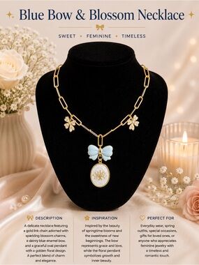 Blue Bow & Blossom Gold Chain Necklace - Blue
